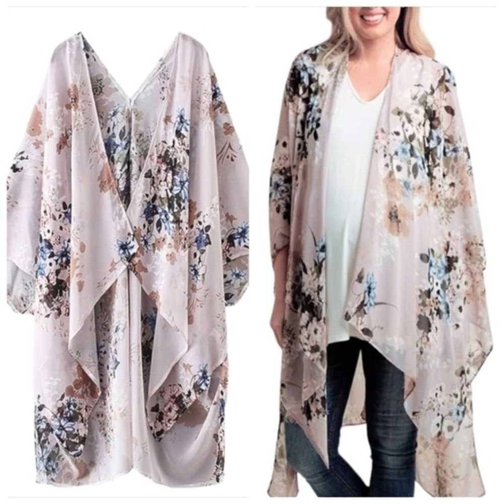 Pink Blush Taupe Lavender Floral Long Kimono Maternity OS Baby Shower Boho Girly